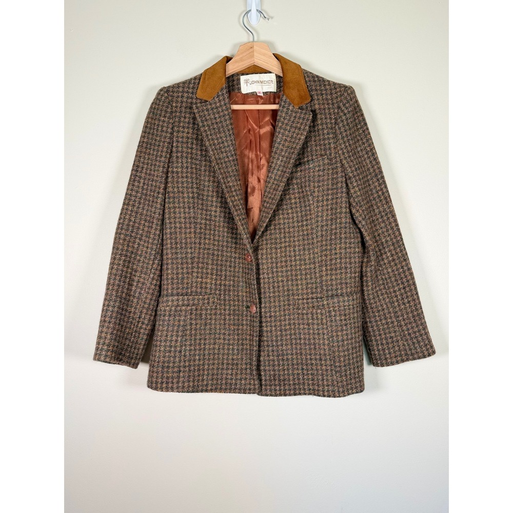 John Meyer Vintage Brown Tweed Houndstooth Blazer Elbow Patches Womens 8 - Picture 5 of 15